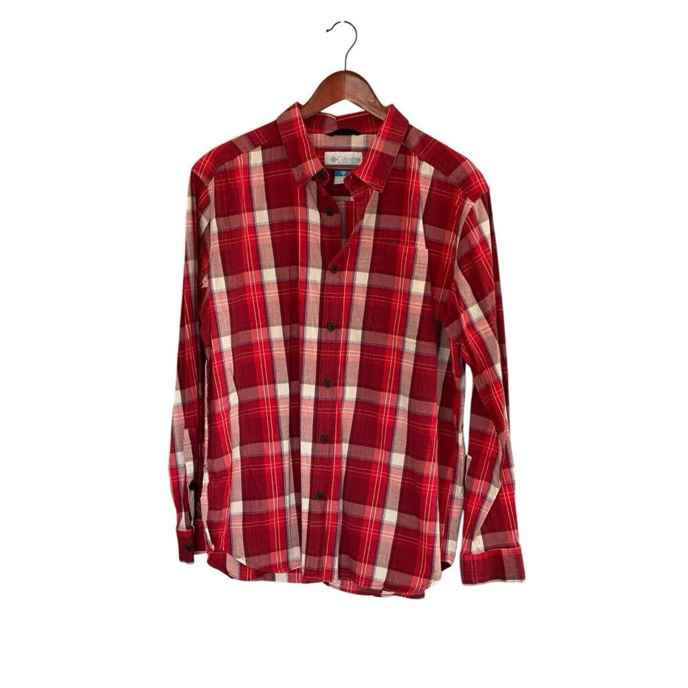 Columbia Red Plaid Long Sleeve Button Down Shirt Men's L